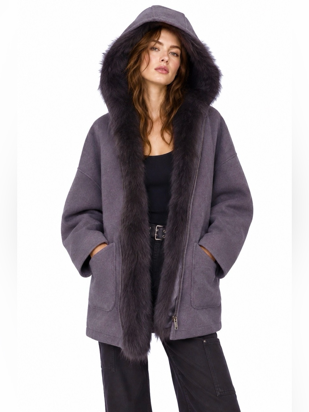 Purple Wool Cashmere Mink Coat Removable Fur Vest Quiet Luxury Plush Goblincore